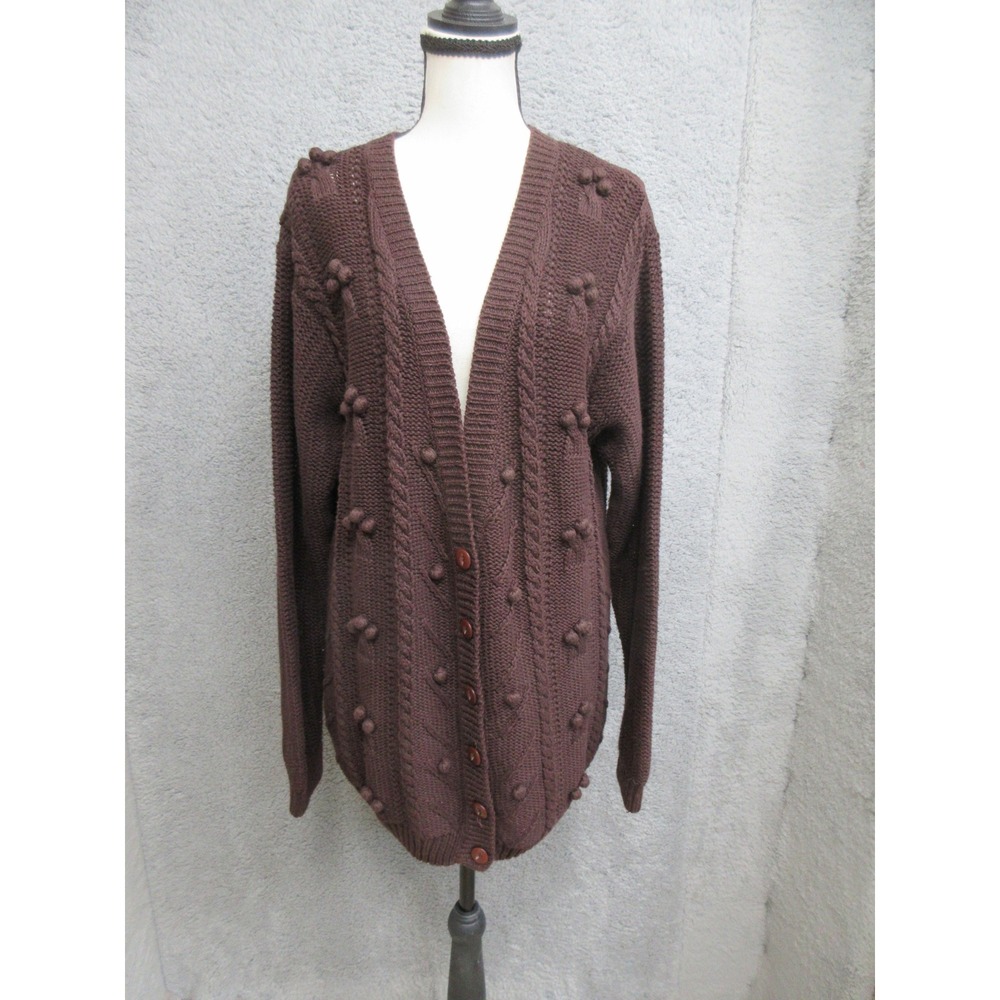 Vintage Liz Baker Cardigan Women L Tall Brown Bobble Cable Knit Cottagecore